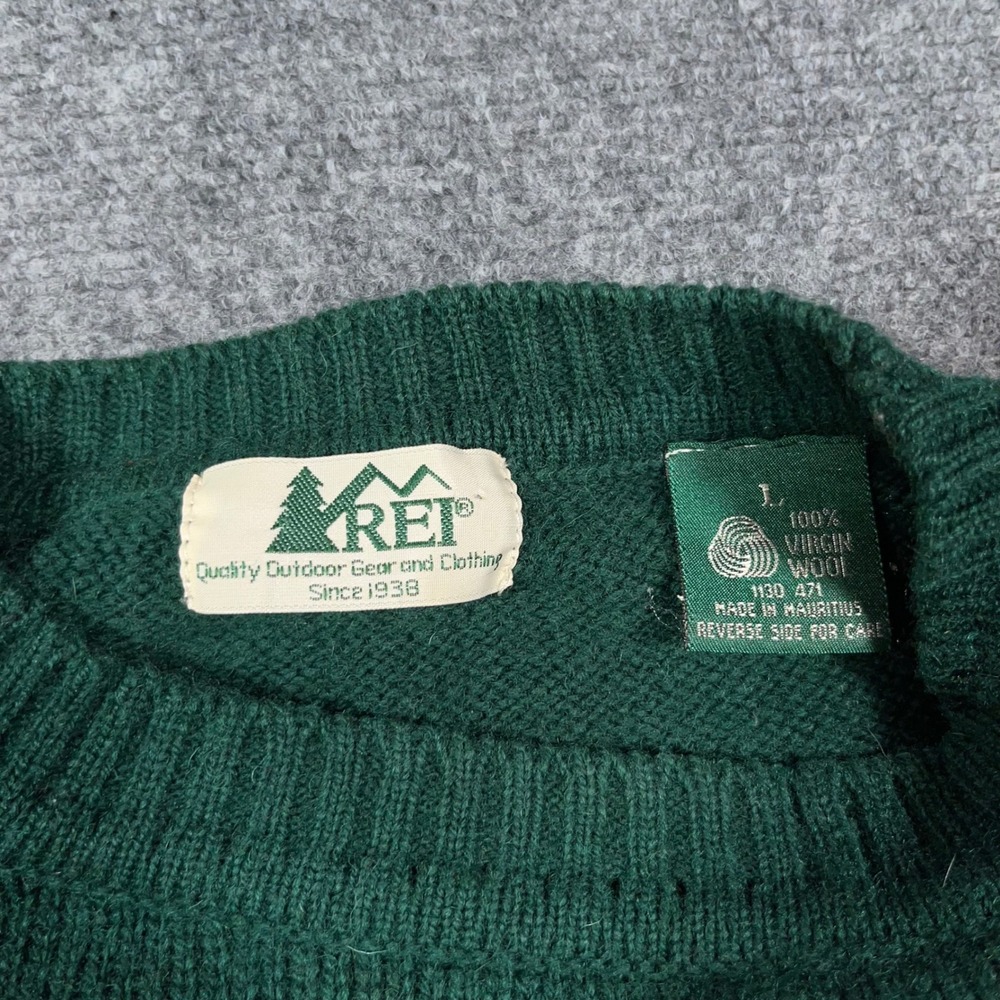 VTG REI Virgin Wool Crewneck Sweater Mens Large Ribbed Knit Forest Green Grandpa - Picture 3 of 8